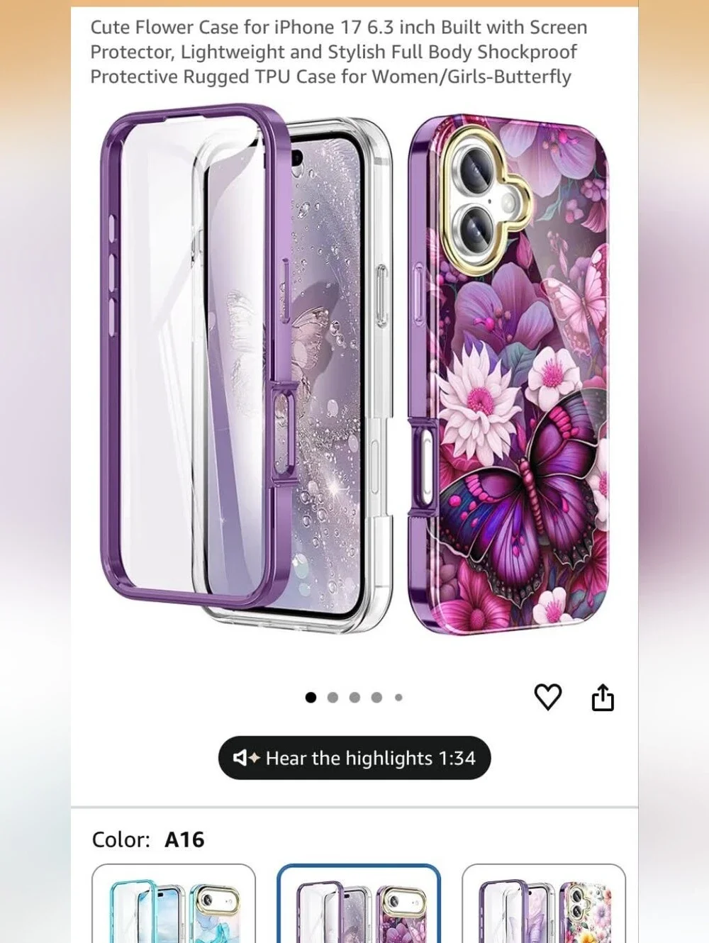 Purple Butterfly Floral TPU Phone Case with Built-In Screen Protector